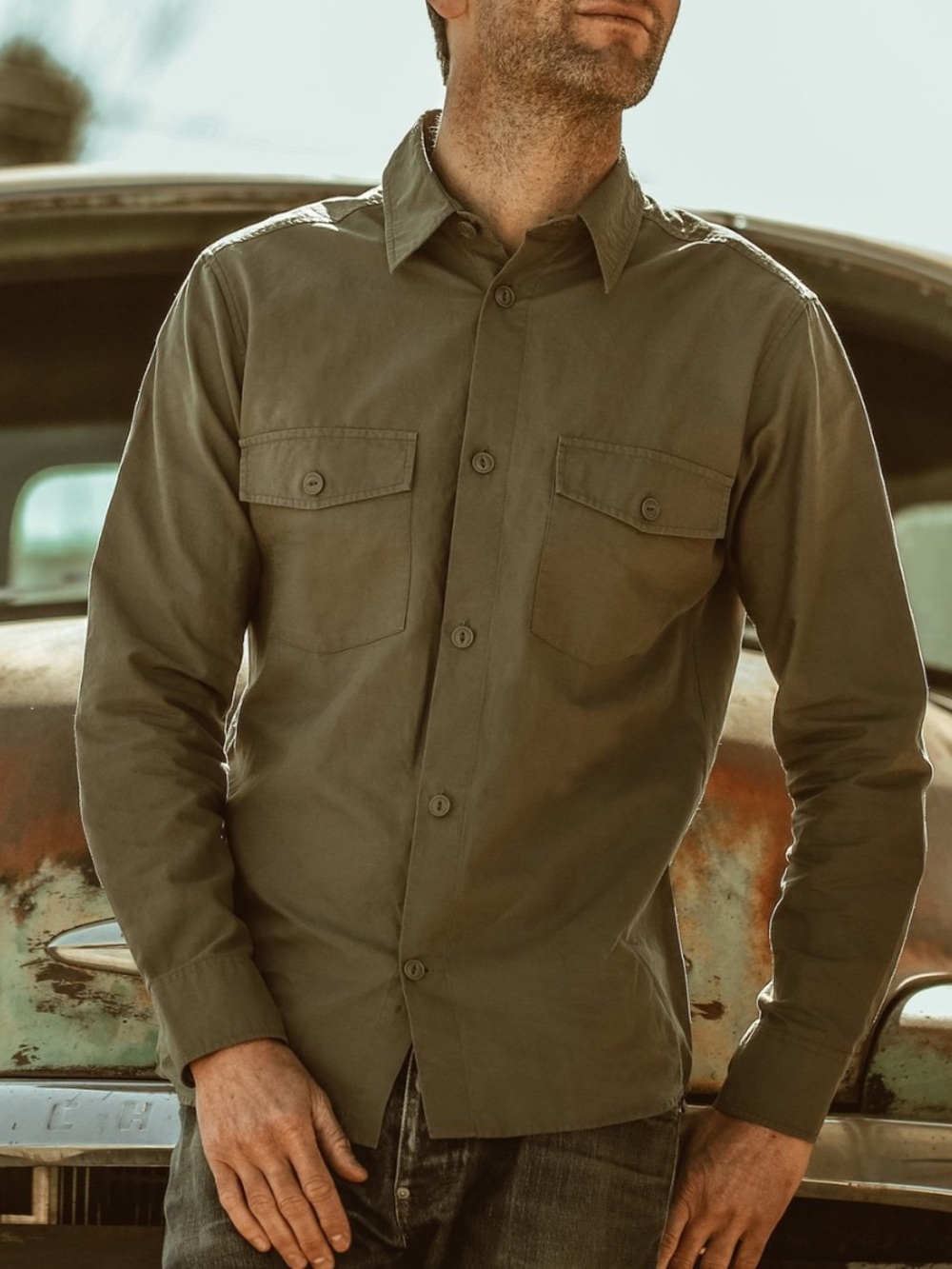 Taylor Stitch The Point Shirt Army Hemp Green Long Sleeve Organic Cotton-44/XL